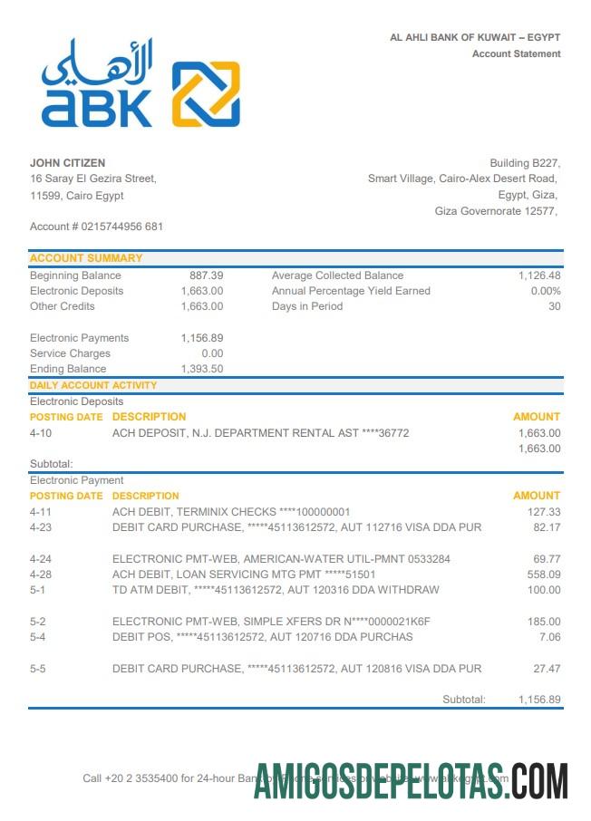 Egypt Al Ahli Bank Of Kuwait Excel amostra